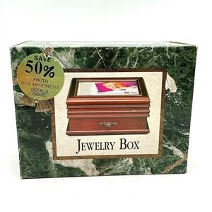 Vintage Ladies Walnut Finish Jewelry Box w Mirror Photo Frame New in Box
